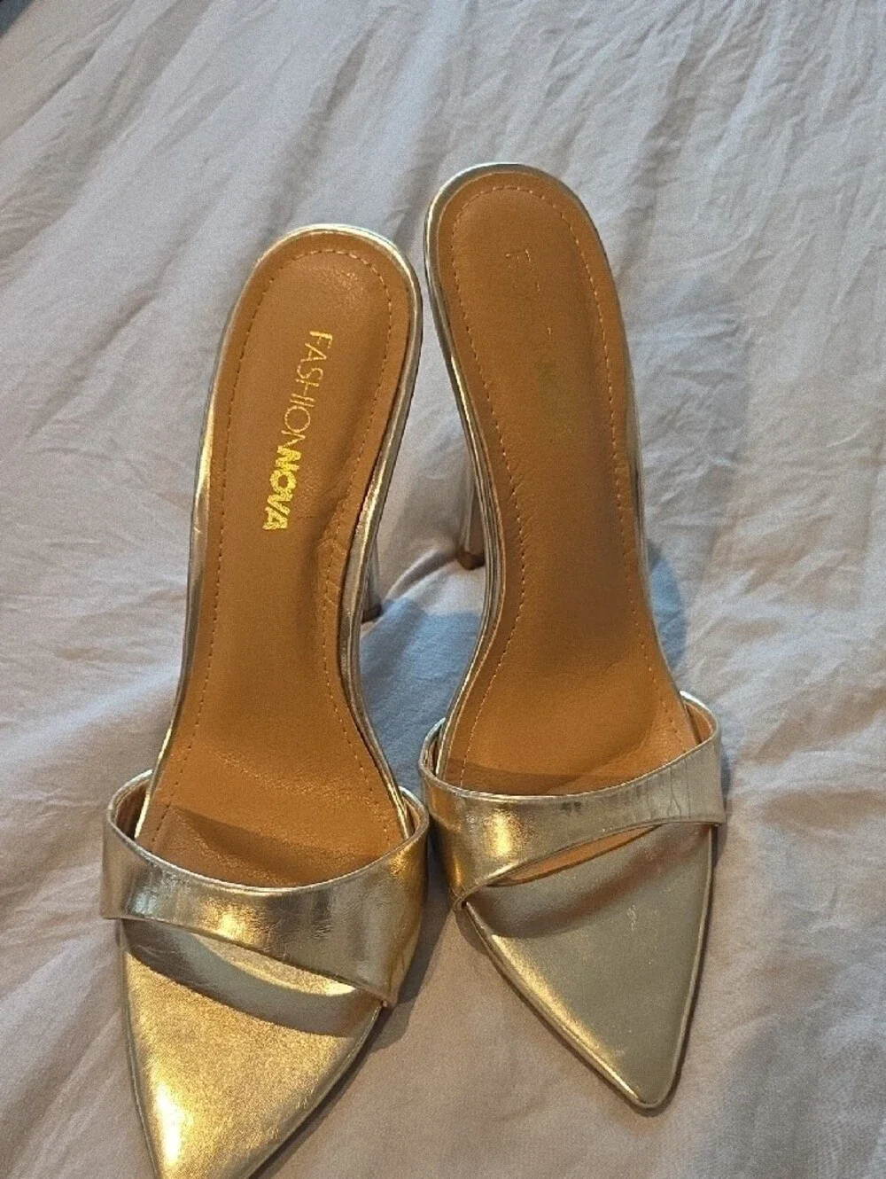 Fashion Nova Metallic Gold Pointed Mule Heels
